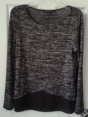 White House Black Market Black and Gray Marled Layered Long Sleeve Top